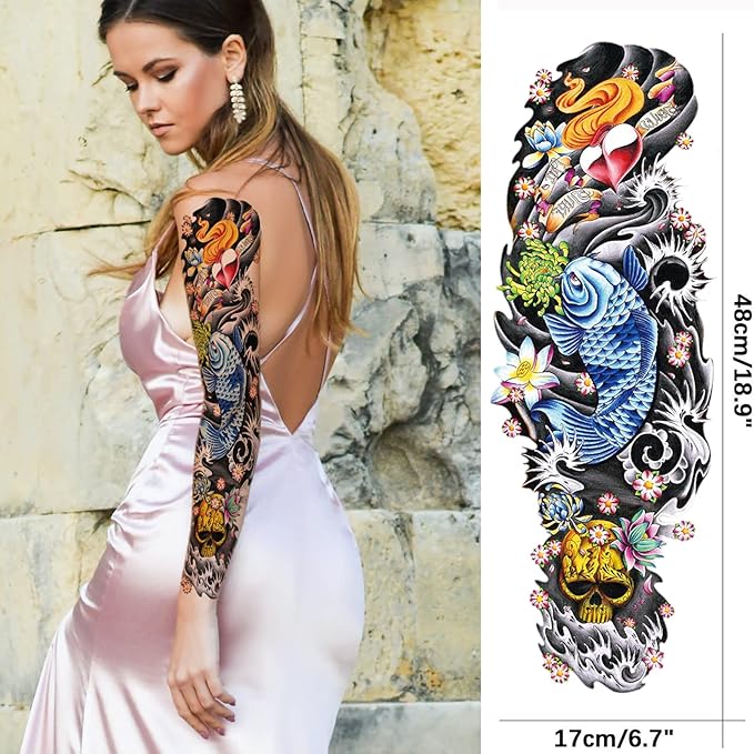 Realistic Fish Temporary Tattoo Sleeve for Women Leg, 4-Sheet Full Arm Color Fish Flower Fake Tattoo Sleeve Adult Girl and 4-Sheet Large Fish Floral Half Temp Tatoo Sticker Thigh Makeup Body Art