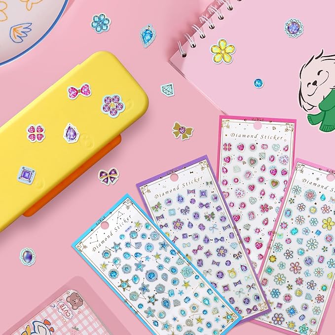 Cute Mini Gem Stickers – Small Flat Shiny Diamond Stickers for Kids Crafts, Rewards, Planner, Scrapbooking & Journaling – Tiny Sticker for Digital Cameras & Phone Case Decor – 4 Sheets