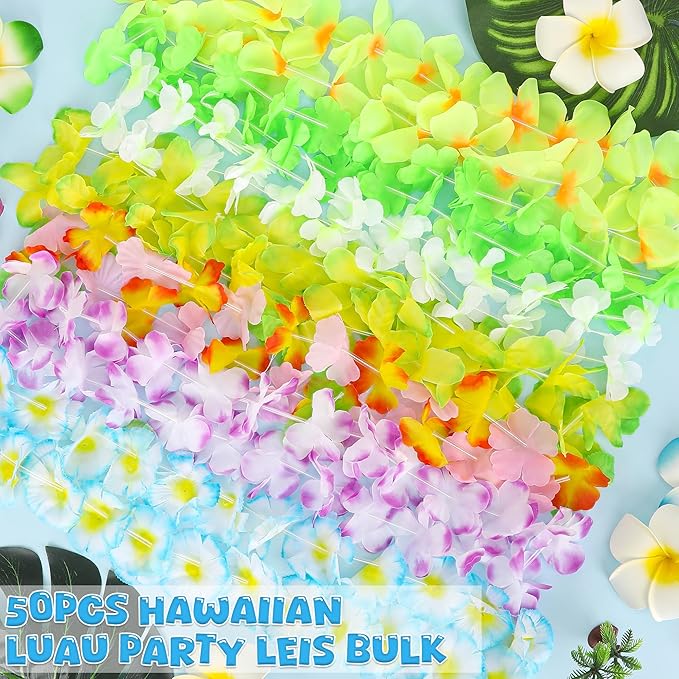 Hawaiian Leis Party Decorations, 50PCS Leis for Luau Party Decor, Colorful Tropical Theme Silk Flower Bulk, Hawaii Flower Lays Garland Summer Pool Birthday Parties Favors Supplies Accessories