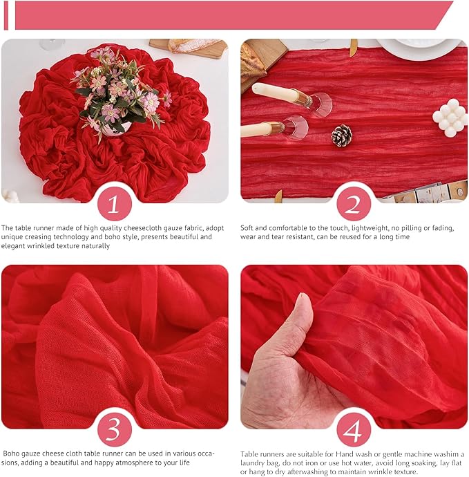 10 Pack Red Table Runner 120 Inch Cheesecloth Table Runner 10FT Rustic Boho Gauze Table Runner Long Cheese Cloth Table Runner Semi Sheer Runners for Wedding Bridal Baby Shower Party