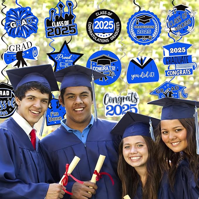 40Pcs Graduation Decorations Hanging Swirls, Blue Black Class of 2025 Graduation Party Hanging Swirls for 2025 Congrats Grad Party Decor
