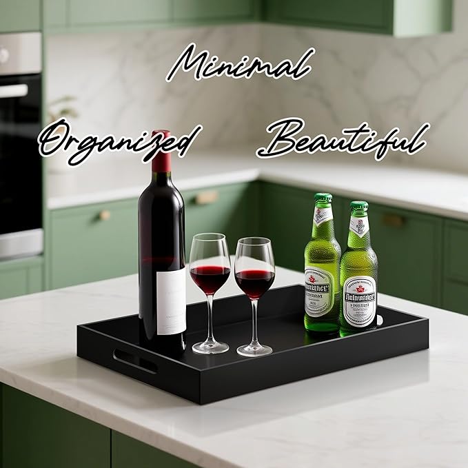 Glossy Black Acrylic Serving Tray with Handles-Butler Trays for Coffee Table, Snacks,Breakfast in Bed, Kitchen Countertop,Vanity,Makeup Organizer,Ottoman (Black, 12x20 Inches)