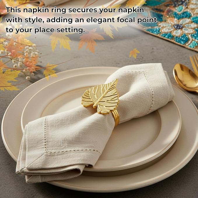 Elegant Handcrafted Leaf Napkin Rings - Set of 12 Premium Aluminum Holders for Dinner Parties, Weddings, Special Occasions & Everyday Dining (Gold) - CLEENTABLE