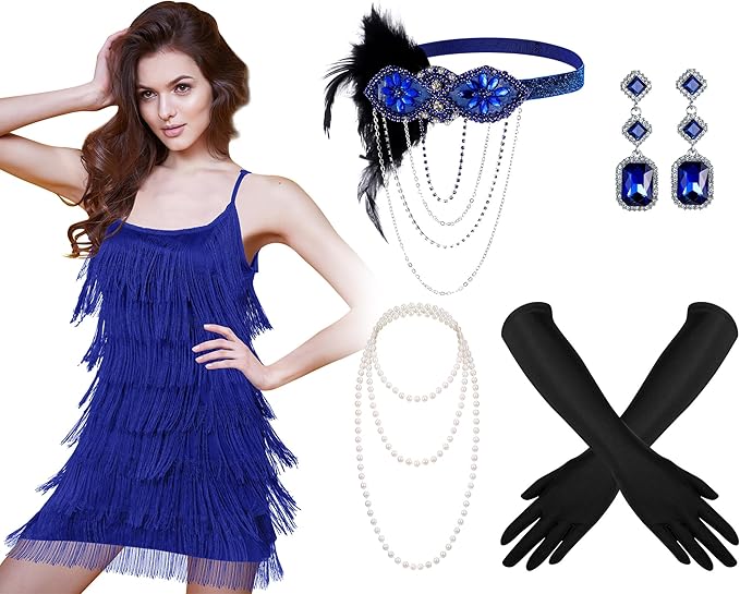 Zhanmai 6 Pcs Flapper Dress Flapper Costumes for Women 1920s Accessories Set Headband Pearl Necklace Earrings Gloves Stick
