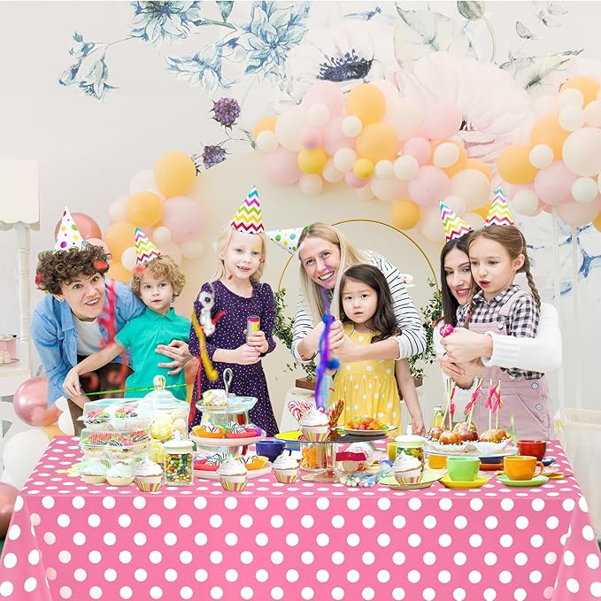 WNINK 2 Pack Pink and White Polka Dot Tablecloths – Pink Disposable Plastic Waterproof Table Cover, 54" x 108", for Birthday, Wedding, Bridal Shower, Bachelor, Pink Girl Party, and Picnic