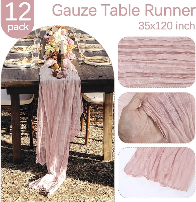 RestfulGlow12 Pack Dusty Pink Cheesecloth Table Runner 10FT Boho Gauze Fabric Table Runner 35 x 120 Inch Rustic Sheer Runner for Centerpiece Wedding Birthday Baby Shower Party Boho Table Decoration