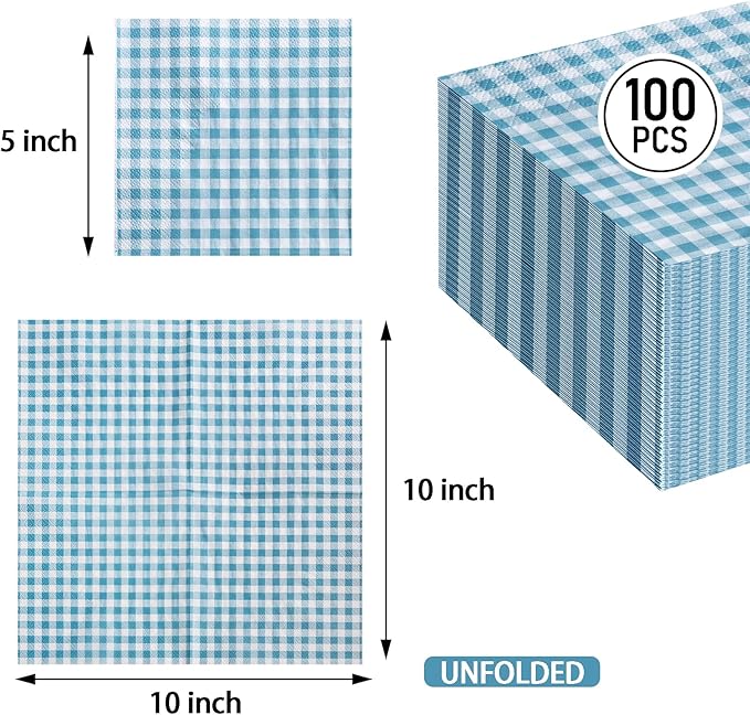 FLOWERCAT 100-Count 2-Ply Blue Checkered Cocktail Napkins Gingham - Blue and White Checkered Napkins Disposable Premium Quality - 5" x 5" Blue Paper Napkins for Easter Party,Bar,Weddings