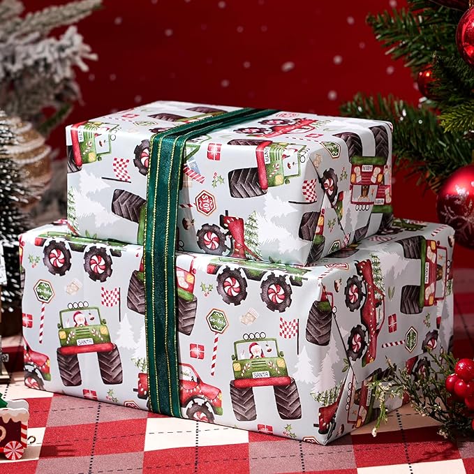 PlandRichW Monster Truck Christmas Wrapping Paper - Colorful Monster Trucks with Xmas Trees & Holiday Patterns - 40×28 Inch Xmas Gift Wrap, 4 Folded Sheets for Kids & Adults