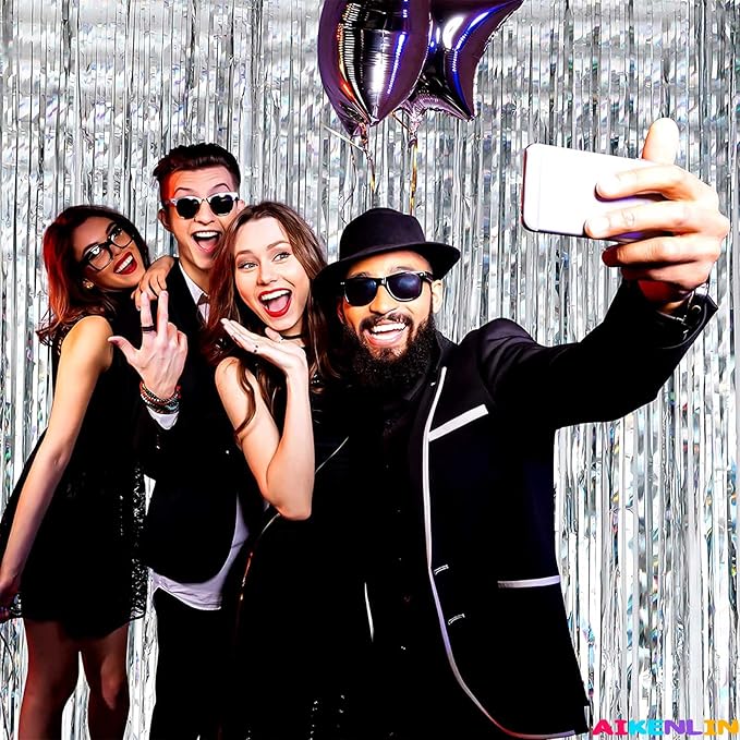 4 Pack 3.2Ft x 9.8Ft Silver Foil Fringe Curtain Backdrop, Metallic Tinsel Foil Fringe Streamers Curtains for Party, Photo Booth Props, Birthday, Wedding, Christmas Party Decoration Supplies
