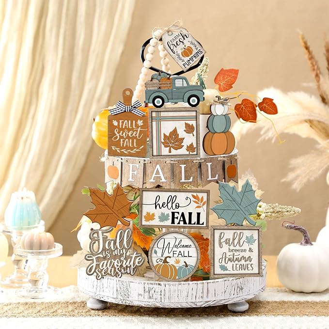 21 Pcs Thanksgiving Fall Tiered Tray Decoration Set Autumn Table Sign Pumpkins Farmhouse Decor Gnome Maple Leaves Centerpieces Harvest Wood Blocks Signs Fall Block Tabletop for Autumn