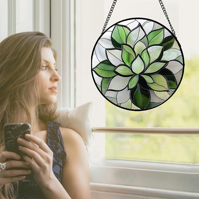 Stained Glass Window Hanging - Green Succulent Plants Suncatcher for Doors Garden Patio Floral Sun Catchers Decor Christmas Mother's Day Birthday Gifts for Women Men Mom Nana Friend 15 in