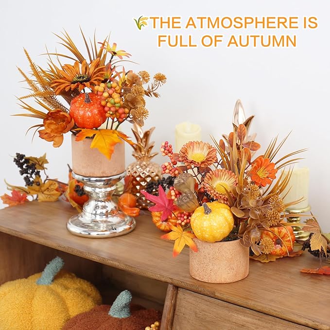 2PCS Fall Decor, Artificial Maple Leaves Pumpkin Berry Table Decorations, for Home Autumn Harvest Halloween Thanksgiving Holiday Party Table Centerpieces Fireplace Decor.