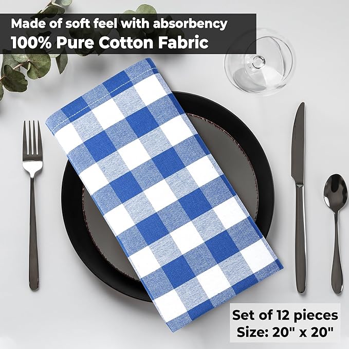 Urban Villa Cloth Napkins 100% Cotton Dinner Napkins Highly Absorbent 20x20 Inches (Set of 12) Blue White Buffalo Checks Reusable Washable Soft Durable Premium Napkins Ideal for Home Wedding Parties