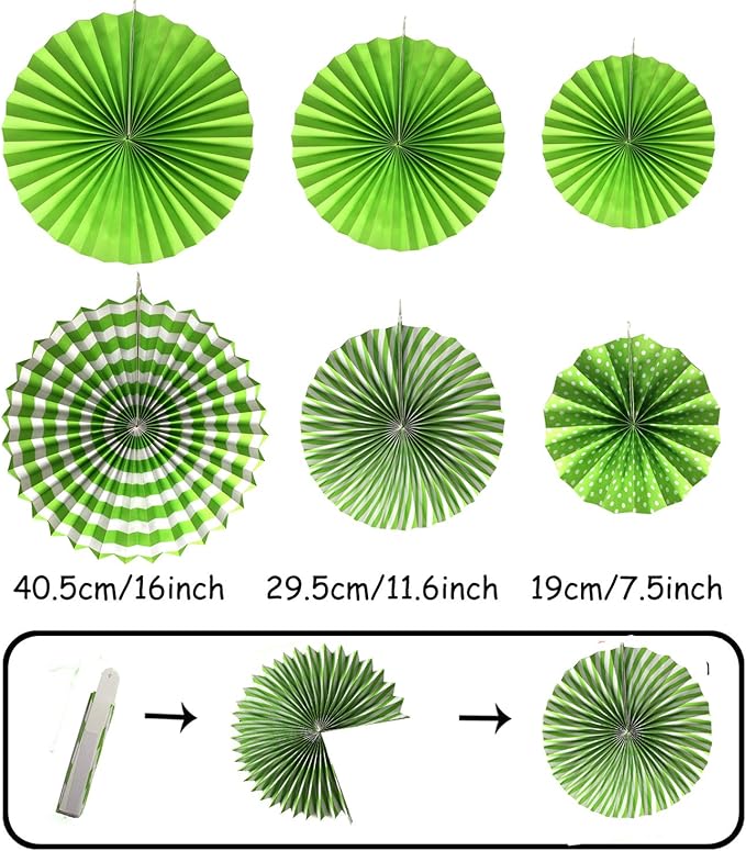 ZERODECO Party Hanging Paper Fans Set, Green Confetti Balloons Decorative Folding Fans Paper Pompoms Triangle Bunting Flags Garlands for Birthday Baby Shower Golf Dinosaur Party Decorations