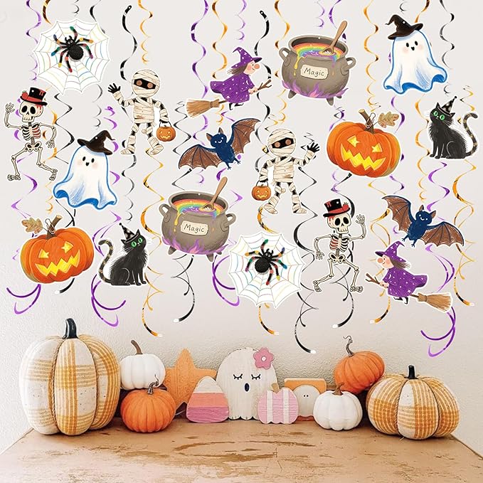 Halloween Hanging Party Decorations, 48 Pcs,Ceiling Decor Indoor Swirl Witches Cauldron Ghost Pumpkin Skull Cat Witch Party Supplies Sign,Black Purple Orange