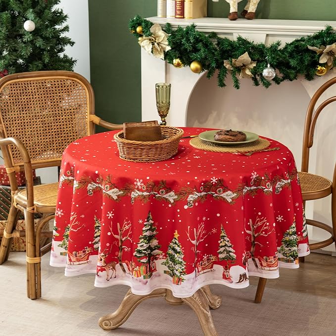 Christmas Waterproof Tablecloth – Red Holiday Table Cover with Santa Claus, Reindeer, Tree & Snowflake Design – Festive Dining Decor for Christmas Party and Home, 60" Round
