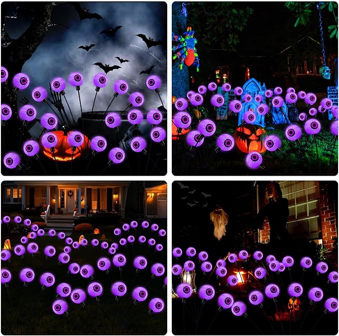 AIKEI Halloween Decorations Outdoor Solar Scary Eyeball Lights, 2 Pack12LED Eyeball Swaying Firefly Lights,Waterproof Halloween Decor for Yard Garden Party Supplies Purple