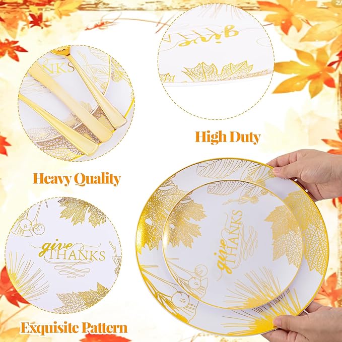 125PCS Thanksgiving Plastic Plates - Gold Disposable Dinnerware Sets - Thanksgiving Maple leaf Plates with Silverware for 25 Guests for Autumn Harvest Party Decor