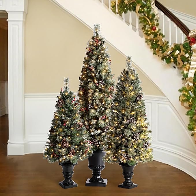 Glitzhome 4ft/5ft/6ft Pre-lit Christmas Trees Set, Artificial Christmas Trees Flocked Potted Christmas Porch Trees for Entrance with Pine Cones, Red Berries, and Warm White Lights