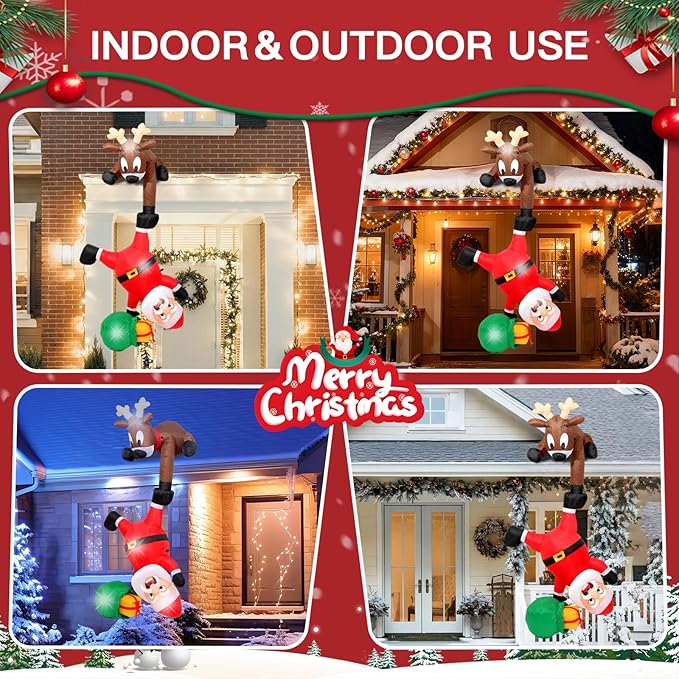 8FT Hanging Christmas Inflatables Decorations Outdoor，Blow Up Christmas Reindeer and Climbing Santa Claus with Built-in LEDs Lights for Indoor Holiday Party Yard Garden Lawn Décor