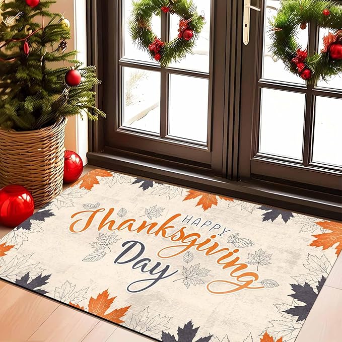 Fall Welcome Maple Leafs Decorative Door Mat, Autumn Thanksgiving Doormat for Indoor Outdoor Entrance Floor Mats,Fall Pumpkins Non Slip Harvest Vintage Decor Rubber Welcome Mats 16" x 24" Inch
