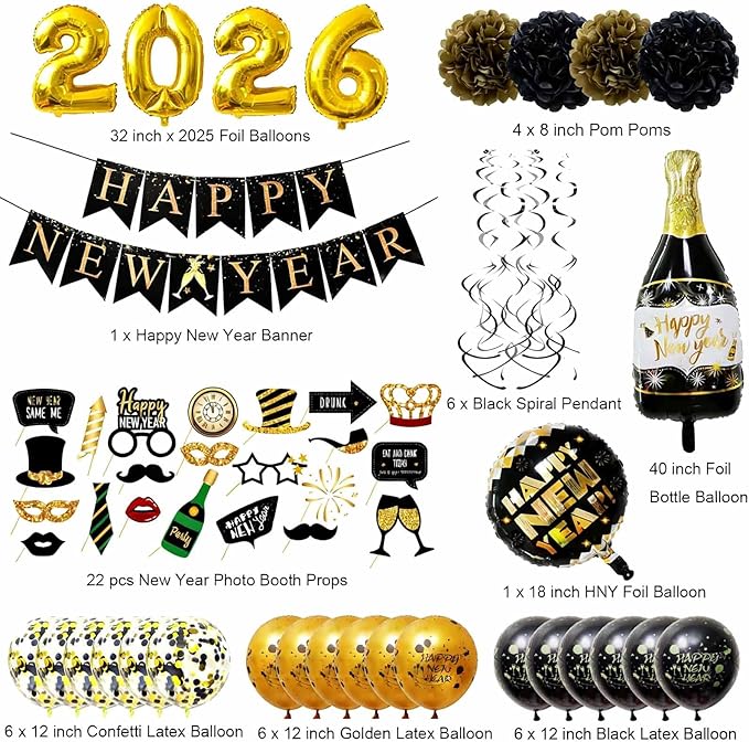 Happy New Year Party Decoration 2026 - New Years Eve Party Supplies 2026 Foil Balloon, Happy New Year Banner, New Years Photo Props, Gold Black Bunting Swirl Streamers, Pom Poms New Years Décor