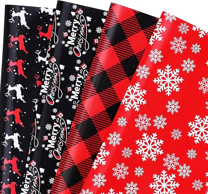 PlandRichW Christmas Wrapping Paper 12 Sheets Folded for Kids Boys Girls Men Women Gifts. Red, Black and White, Greetings, Reindeer, Plaid and Snowflakes, 20 X 29 Inches Each