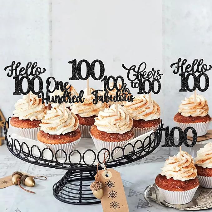 30PCS Happy 100th Birthday Cupcake Toppers One Hundred Cheers to 100 Years Birthday Cupcake Picks Hello 100 Fabulous Cake Decorations for Happy 100th Birthday Anniversary Party Supplies Black