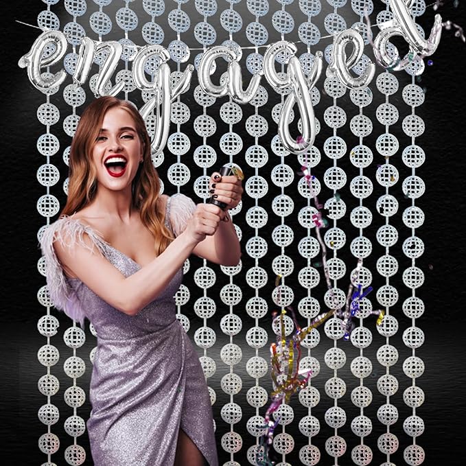 BRAVESHINE Hanging Balls Party Streamers Backdrop - 2 Pack Silver Tinsel Foil Fringe Curtains for 70s 80s 90s Discoball Party, Birthdays, Bachelorette, Engagement, Music, Dance,New Years Decorations