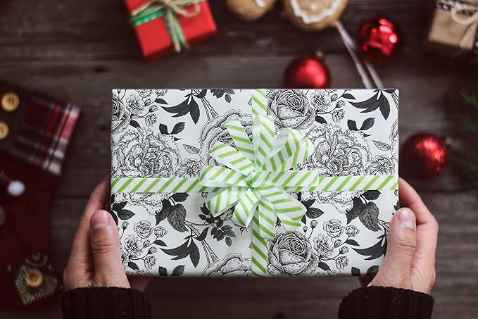 YXTII Floral Wrapping Paper, Black Flower Wrapping Paper with Cut Lines for Birthday, Wedding, Valentines, Christmas, Bridal Shower, Baby Shower, 17 Inches x 33 Feet