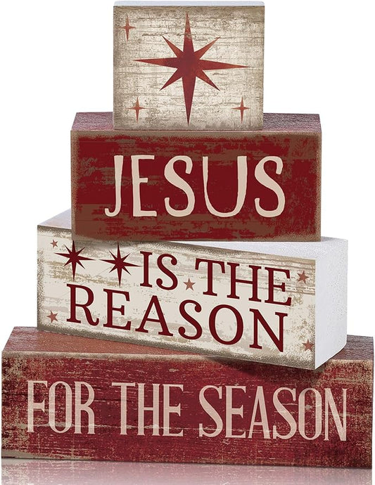 4 Pcs Christmas Table Decoration Jesus Decor Christmas Tiered Tray Decor Christian Centerpiece Decorative Jesus Block Signs Gift Farmhouse for Religious Home Office Tabletop Kitchen Office