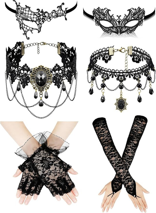 Newcotte 6 Pcs Masquerade Mask for Women Lace Mask Choker Necklace Glove for Christmas Halloween Venetian Party 80s 90s