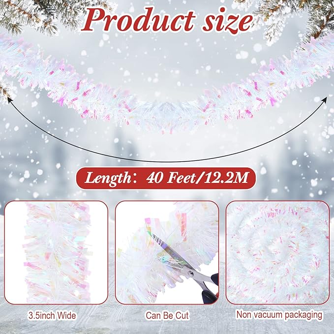 Dilunave 40 Feet Christmas Tinsel Garland Metallic Foil Twist Tinsel Garland Decoration for Christmas Tree, Wedding, Birthday and Party Hanging Decorations(White)