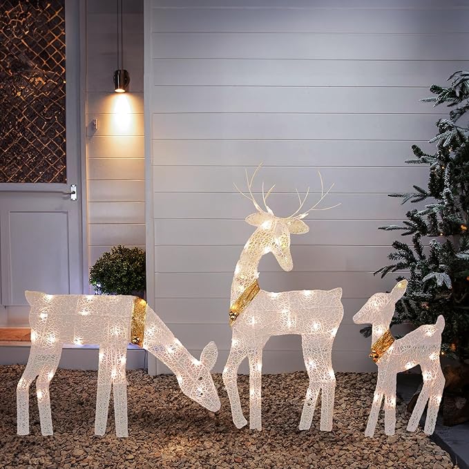 Dazzle Bright Christmas Outdoor Decoration, 3-Piece Lighted 2D Reindeer Family with 60 L, Pre-Lit Light Up Deer Set, Waterproof Outdoor Christmas Deer Decorations for Yard Patio Lawn Garden Party