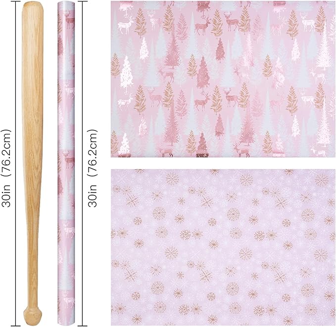 RUSPEPA 30" X 100' Reversible Christmas Wrapping Paper Large Paper Roll, Jumbo Roll, Rose Gold Foil Pink Reindeer and Tree Design, Snowflakes Gift Wrap for Girls, Women, Friends, Xmas Holiday Gifts