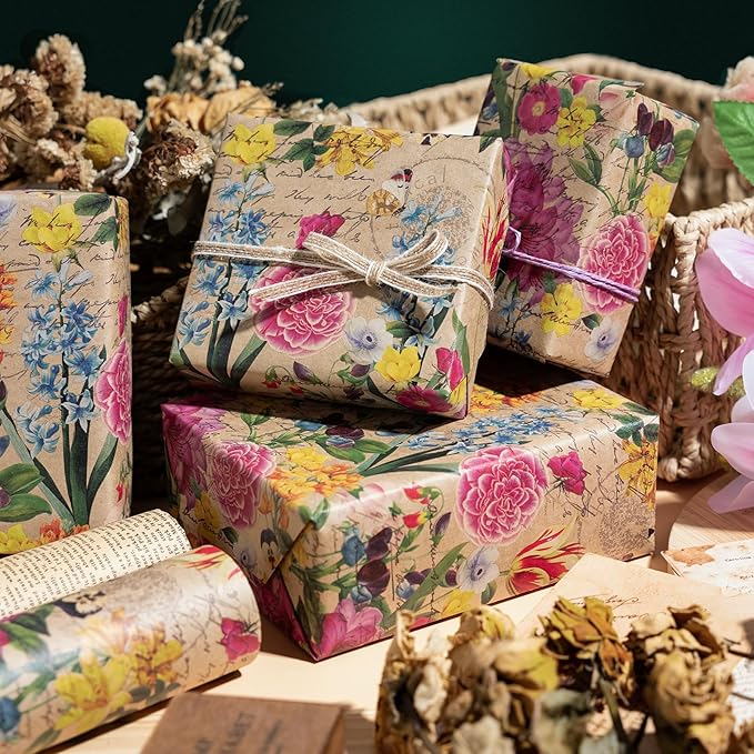 WRAPAHOLIC Kraft Floral Wrapping Paper Roll - Mini Roll - 17 Inch x 33 Feet - All Occasion Vintage Flower for Wedding Bridal Shower Birthday