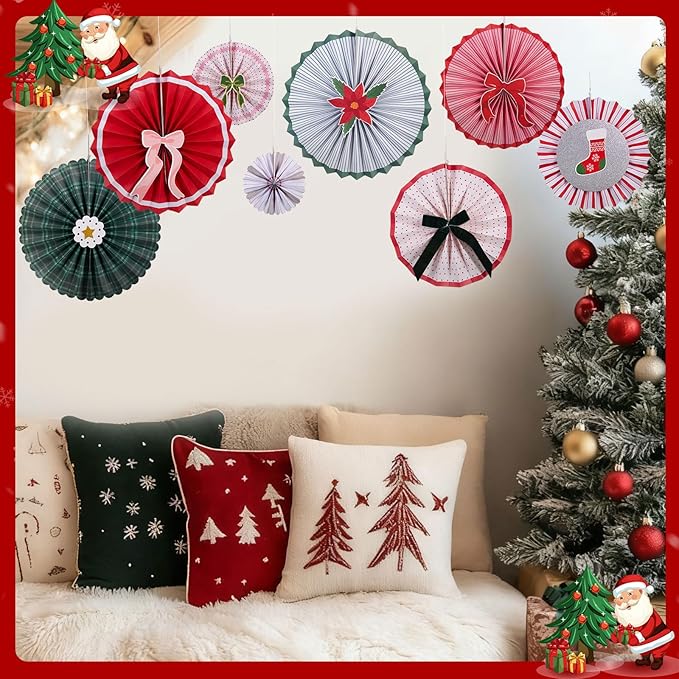 Christmas Paper Fans, 11 Pcs Hanging Xmas Paper Decorations, Hanging Xmas Decorations in Green, Red and White Holiday Party Decorations
