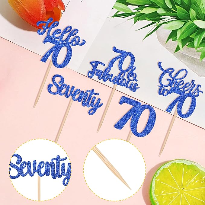 30PCS Happy 70th Birthday Cupcake Toppers Glitter Hello 70 Fabulous Seventy Cheers to 70 Years Old Birthday Cupcake Picks for Happy 70th Birthday Anniversary Party Cake Decorations Supplies Blue