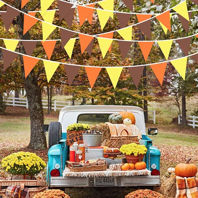 32Ft Orange Yellow Brown Fall Pennant Banner Fabric Triangle Flag Bunting Garland for Autumn Thanksgiving Wedding Birthday Outdoor Garden Hanging Decoration