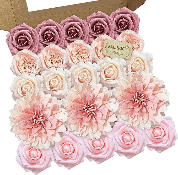Pink Roses Artificial Flowers Fake Flower Bulk for DIY Wedding Bouquet Bridal Baby Shower Centerpiece Table Decorations Silk Faux Floral Arrangements for Party Home Decor Indoor Dusty Blush