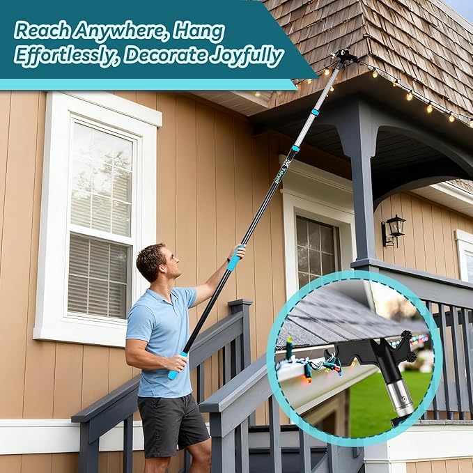 12 FT Telescopic Christmas Light Pole with Hook | Lightweight Aluminum Extension Pole for Outdoor String Lights, Holiday Decorations, Bird Feeders | Ladderless High Reach Tool with Universal Thread