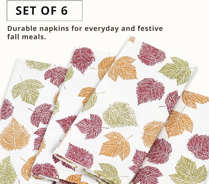 PurpleEssences Fall Harvest Decor Thanksgiving Napkins, 18x18 Fall Cloth Napkins Set of 6, 100% Cotton Fall Leaves Dinner Napkins for Farmhouse Kitchen, Autumn Leaves