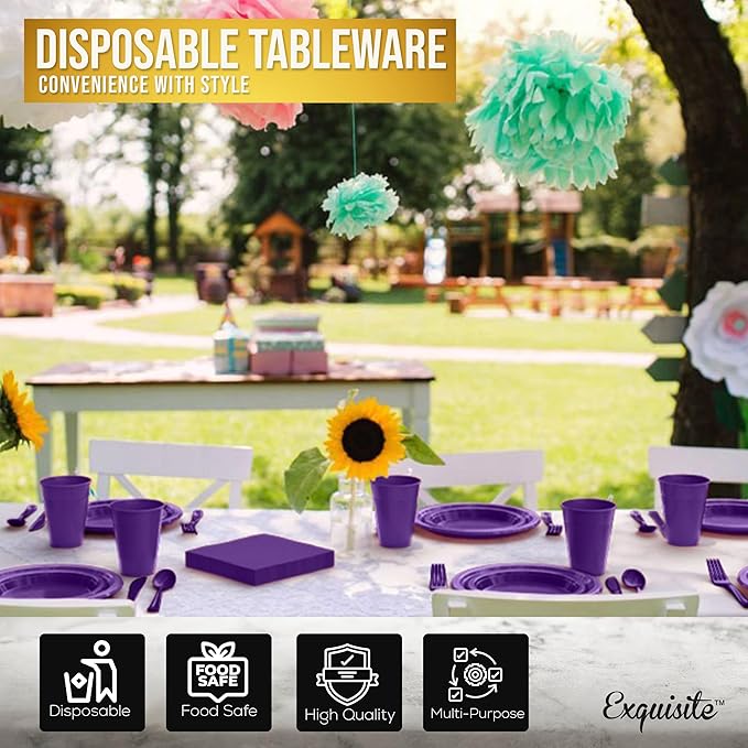 Party Solids 350 Pieces Purple Plastic Plates For Party, Purple Disposable Plates Set, 50 Of Each 9" Dinner Plate Set, 7" Dessert Plate, Cups, Napkins & Cutlery Plastic Dinnerware