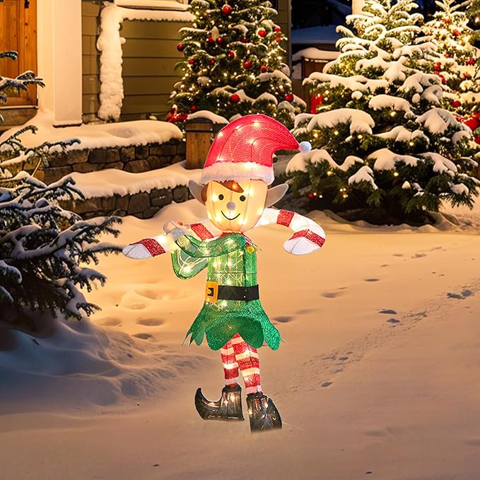 GENIMO 3D Elf Outdoor Christmas Decorations, 70 Lights Pre-Lit Elf with Candy Cane for Holiday Decor Xmas Outside Indoor Home Lawn Yard Garden Patio Stakes Zip Ties(38 in)