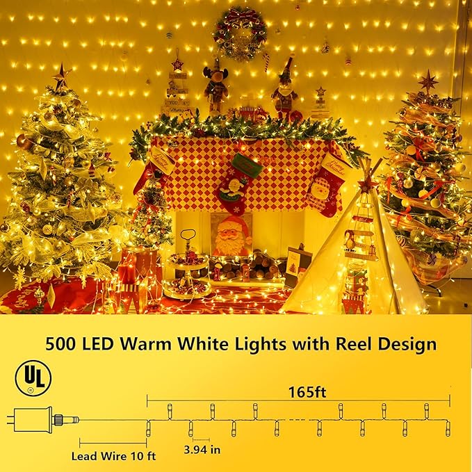 YEGUO 165ft 500 LED Christmas Lights Outdoor Waterproof, Clear Wire String Lights Indoor Plug in, 8 Modes Fairy Light for Christams Party Wedding Tree(Warm White)