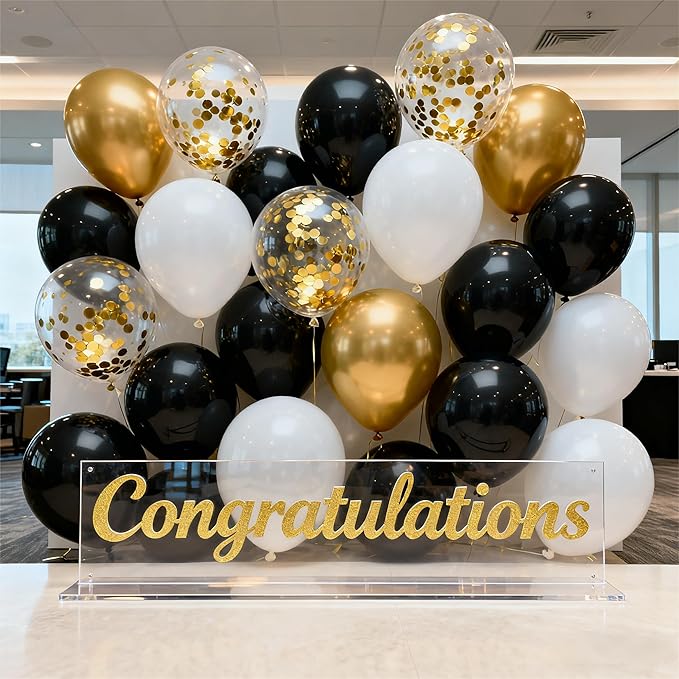 Black White Gold Confetti Balloons Garland Kit, 66Pcs 12 Inch Latex Party Balloons with Metallic Ribbons for Elegant Birthday Wedding Baby Shower Graduation Arch Decorations