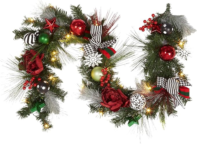 GarveeHome Prelit Christmas Garland for Mantle, 6 ft Battery Operated Xmas Garland with 20 LED Lights Timer Red Green Balls for Fireplace Stair Railing TV Stand Indoor Outdoor Holiday Decor