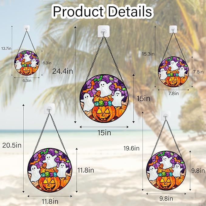 Stained Glass Window Hanging Halloween Horror Pumpkin White Ghost 6.3" - Suncatcher Door Garden Sunroom Gothic Style Sun Catcher Birthday for Friend Mom Men Woman Nana