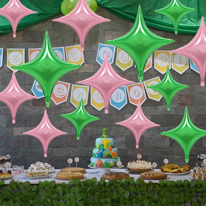 Pink Green Balloons,12Pcs Four Angle Star Foil Balloons,26Inch and 10Inch Pink Green Quadrangle Star Helium Polyester Film Balloon for Witch Birthday Anniversary Party Decorations