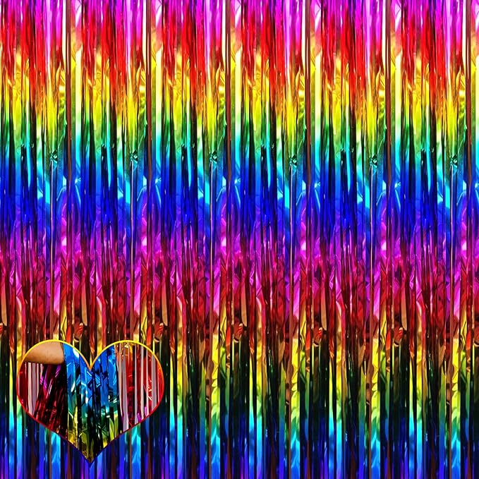 4 Pack Rainbow Fringe Curtain Backdrop, 3.2Ft x 9.8Ft Colorful Metallic Tinsel Foil Fringe Streamers for Photo Booth Birthday Wedding Baby Shower Carnival Easter Mother’s Day Party Decorations